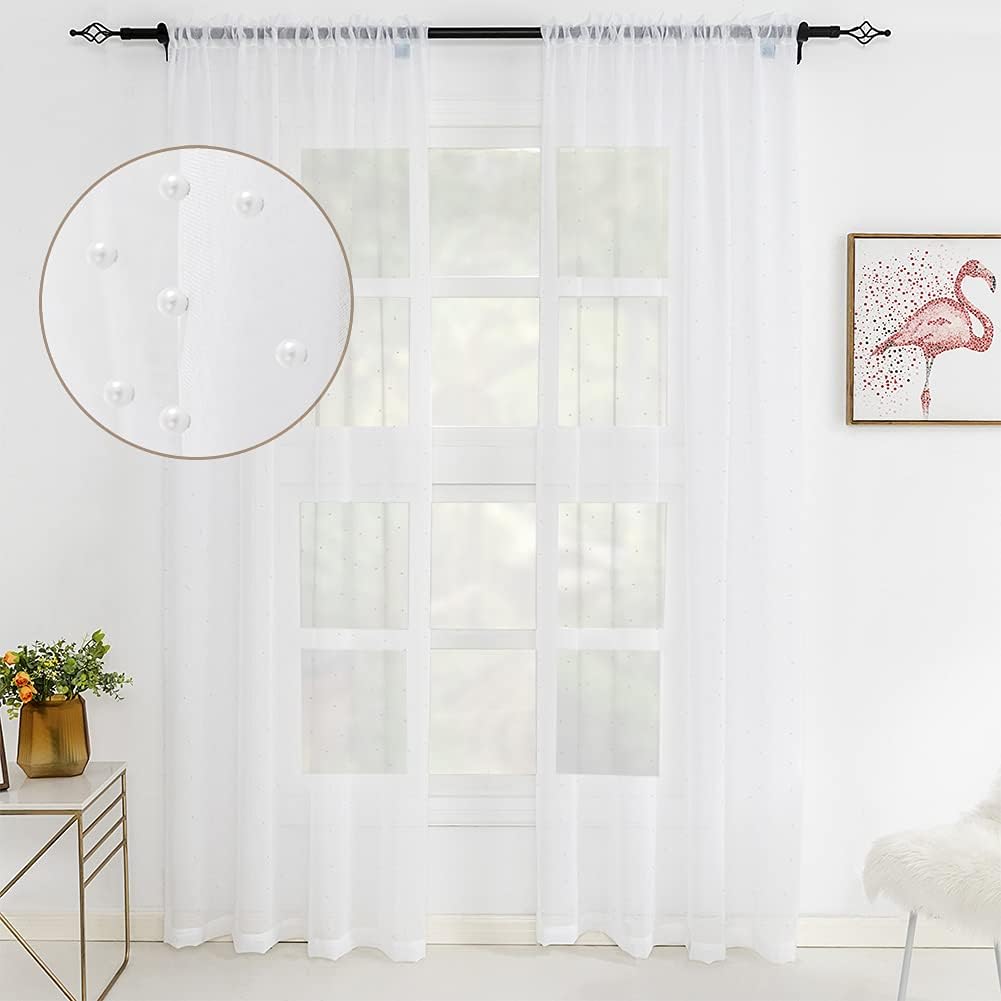 White Sheer Curtains-White Pearl Décor Gauze Curtain, Window Treatment Panels Beautiful Voile Elegance Drapes for Living Room, Bedroom, Kitchen Fully Stitched, Set of 2, 52x 45-inch Length