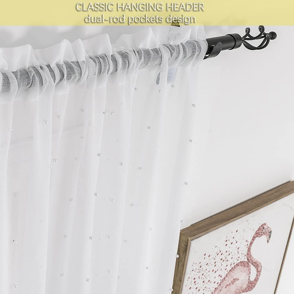 White Sheer Curtains-White Pearl Décor Gauze Curtain, Window Treatment Panels Beautiful Voile Elegance Drapes for Living Room, Bedroom, Kitchen Fully Stitched, Set of 2, 52x 45-inch Length