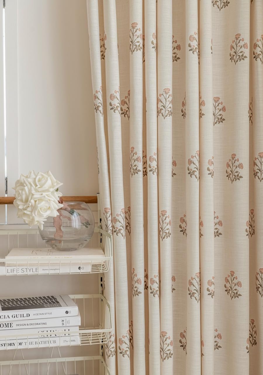 Linen Blend Pinch Pleated Curtains for Living Room, Bedroom, Dining Room - Light Filtering Curtains 2 Panels Set - Luxury and Modern Floral Printed Design - Beige White, 30" W x 96" L