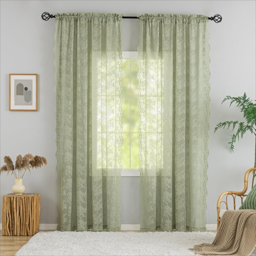 Sage Green Sheer Curtains 72 Inch Long 2 Panels Set Floral Patterned Boho Net Curtains Boy Girl Baby Lace Gauze Curtain for Bedroom French Door Sliding Door 6 FT Length