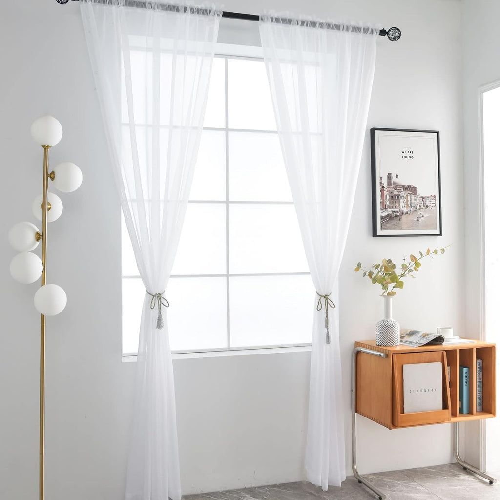 Basic Rod Pocket Sheer Voile Window Curtain Panels White 1 Pair 2 Panels 52 Width 84 Inch Long for Kitchen Bedroom Children Living Room Yard(White,52 W x 84 L)