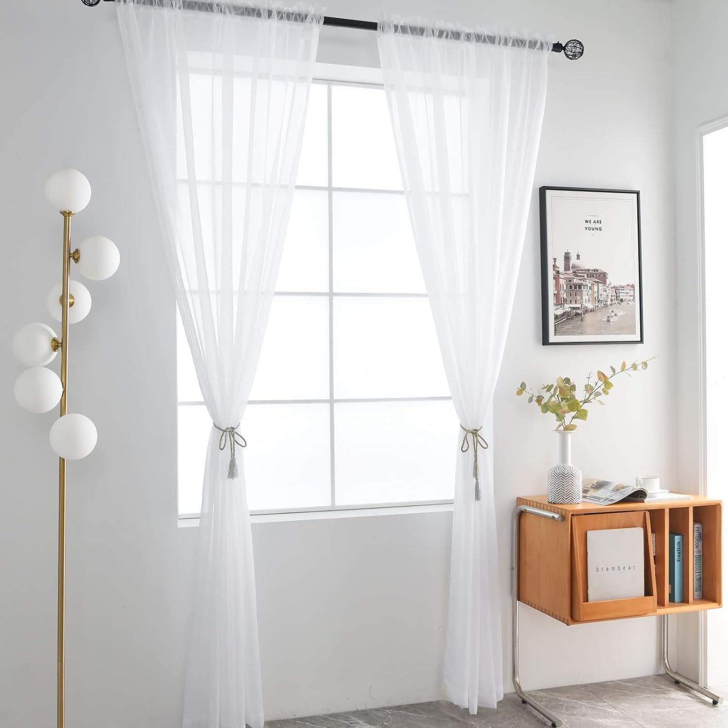 Basic Rod Pocket Sheer Voile Window Curtain Panels White 1 Pair 2 Panels 52 Width 84 Inch Long for Kitchen Bedroom Children Living Room Yard(White,52 W x 84 L)
