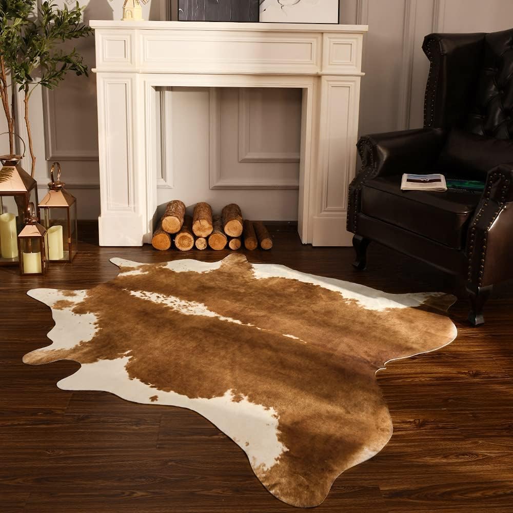 Faux Cowhide Area Rug for Living Room Bedroom, Animal Print Carpet, Non Slip Soft Floor Mat for Home Decor, Khaki Brown
