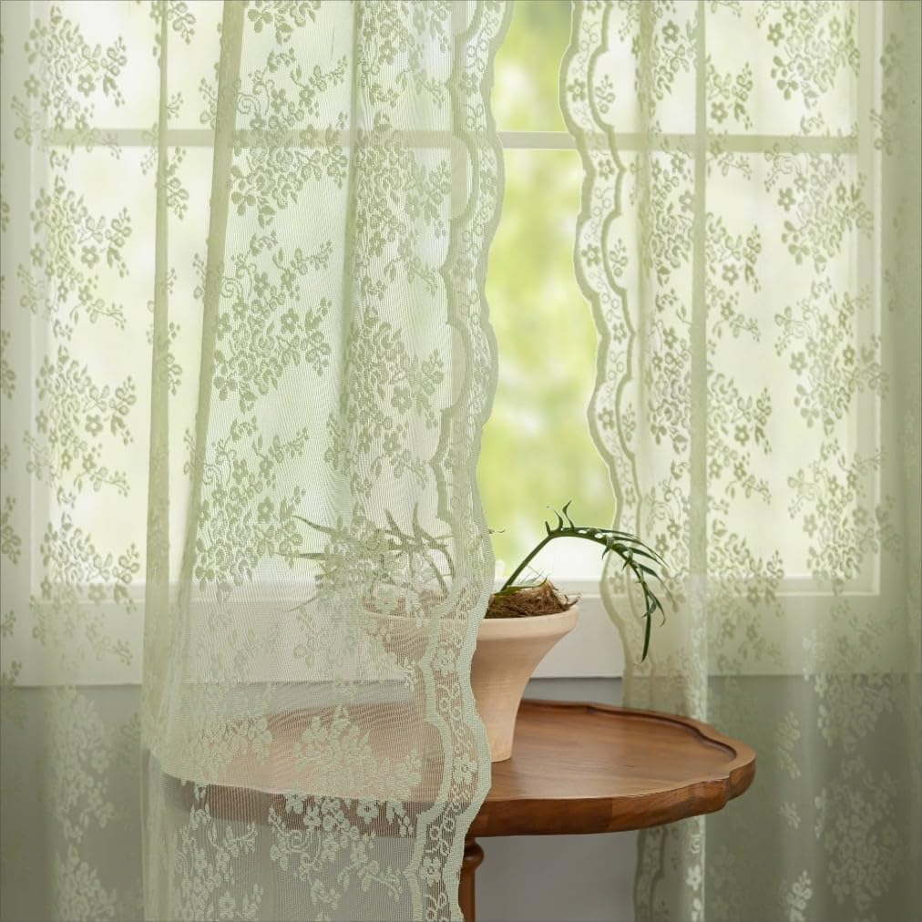 Sage Green Sheer Curtains 72 Inch Long 2 Panels Set Floral Patterned Boho Net Curtains Boy Girl Baby Lace Gauze Curtain for Bedroom French Door Sliding Door 6 FT Length