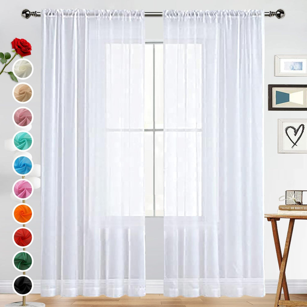 Basic Rod Pocket Sheer Voile Window Curtain Panels White 1 Pair 2 Panels 52 Width 84 Inch Long for Kitchen Bedroom Children Living Room Yard(White,52 W x 84 L)