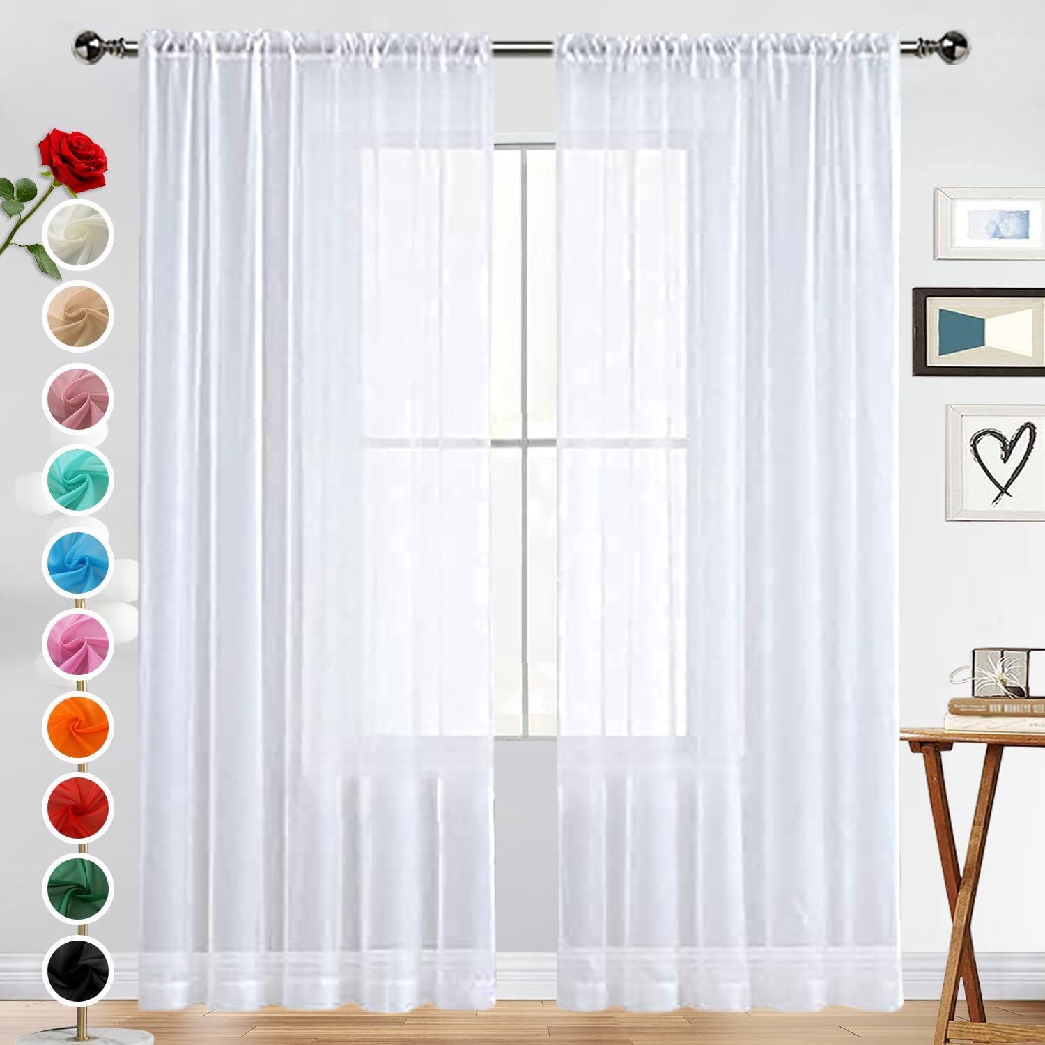 Basic Rod Pocket Sheer Voile Window Curtain Panels White 1 Pair 2 Panels 52 Width 84 Inch Long for Kitchen Bedroom Children Living Room Yard(White,52 W x 84 L)