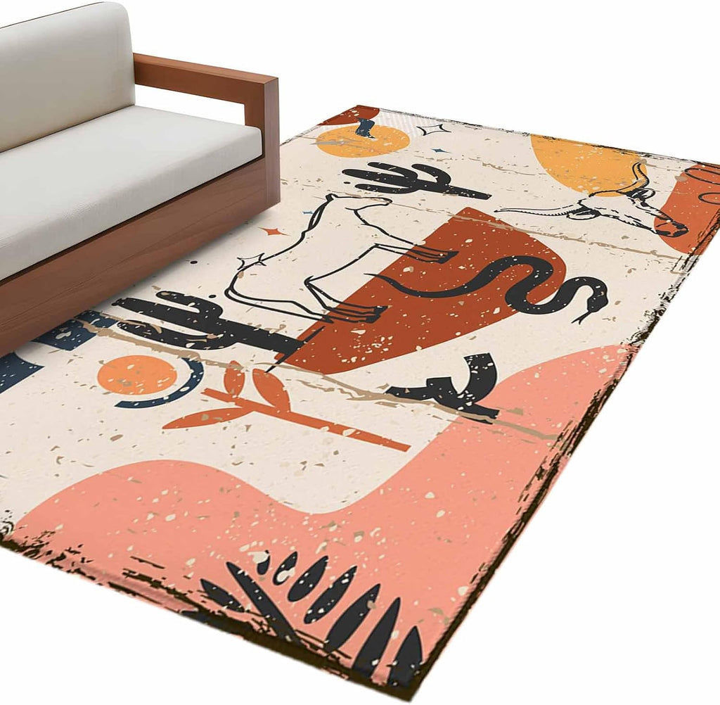 Modern Cowboy Area Rug for Living Room Bedroom, Washable Non Slip Carpet with Horse and Cactus Pattern, 3x5