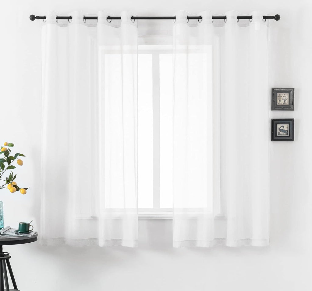 White Short Sheer Curtains 45 Inch Length for Small Windows with Grommet 2 Panels Solid Gauze Voile Drapes Window Semi Sheer Curtains for Bedroom Bathroom Kids Room Kitchen 52x45 Iches