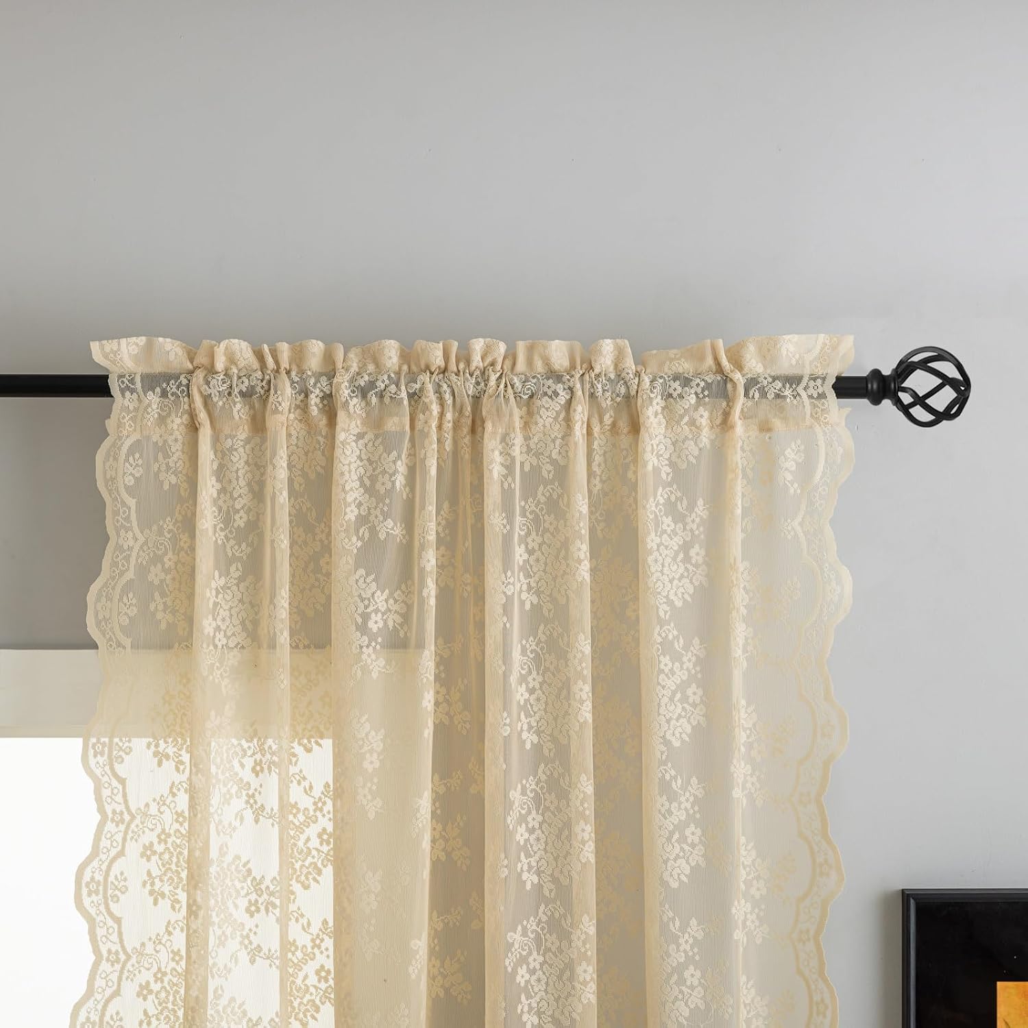 Beige Lace Curtains 72 inch Length Victorian Flower Voile Sheer Curtains Privacy Net Curtains for Dining Room Bathroom Bay Window Farmhouse Vintage Boho French Country Room Decor 52x72