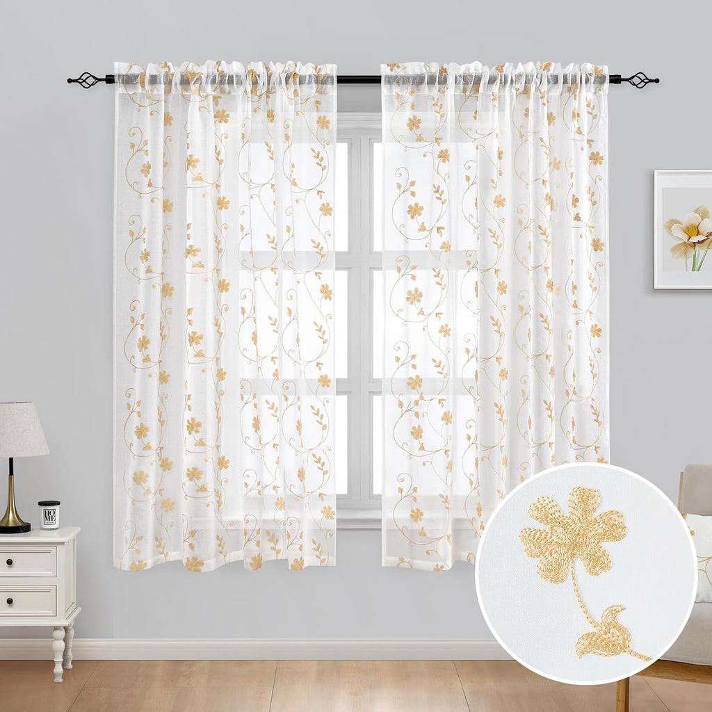 Yellow Sheer Curtains 63 Inch Length 2 Panels Yellow and White Embroidered Floral Pattern Semi Sheer Window Curtains for Bedroom Living Room