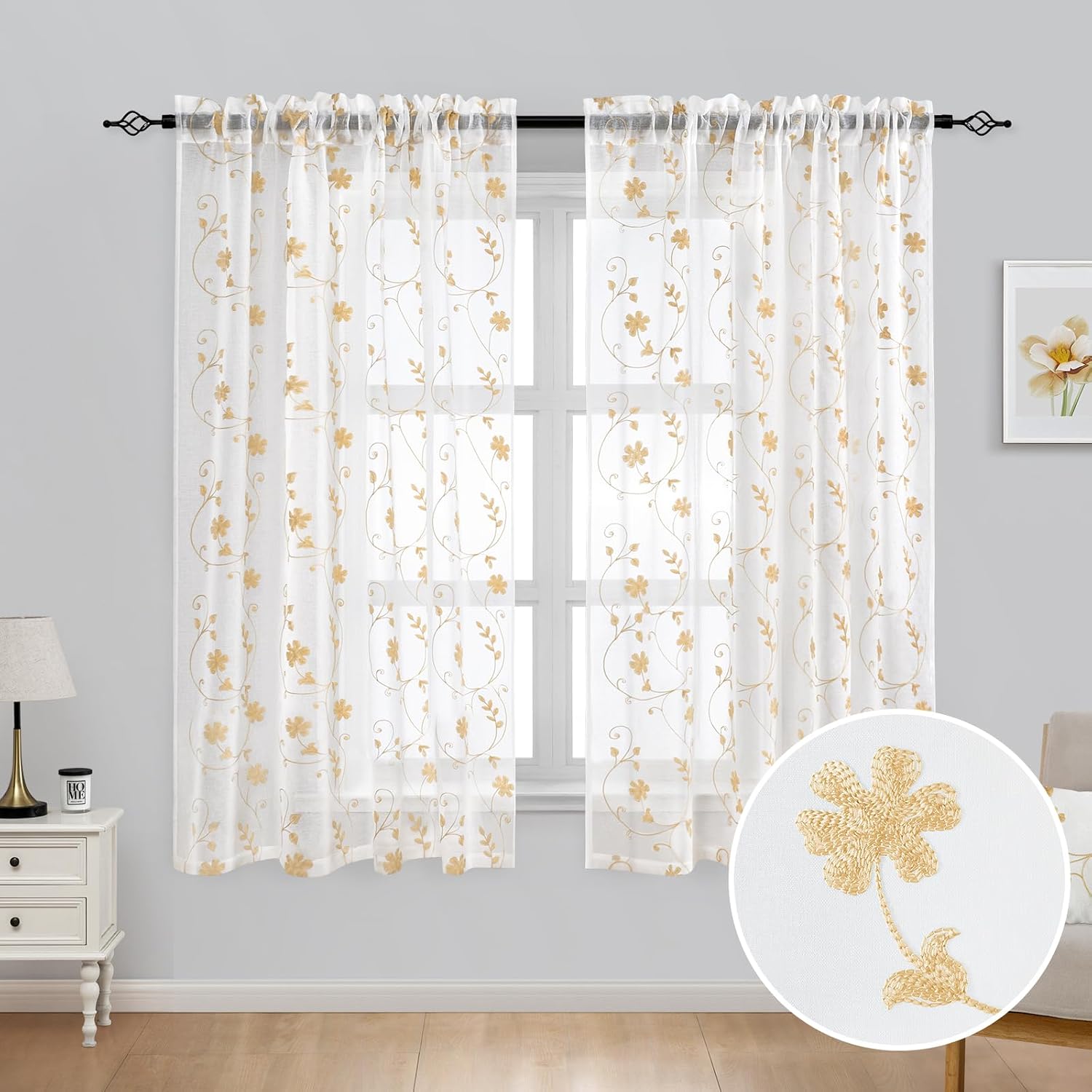 Yellow Sheer Curtains 63 Inch Length 2 Panels Yellow and White Embroidered Floral Pattern Semi Sheer Window Curtains for Bedroom Living Room
