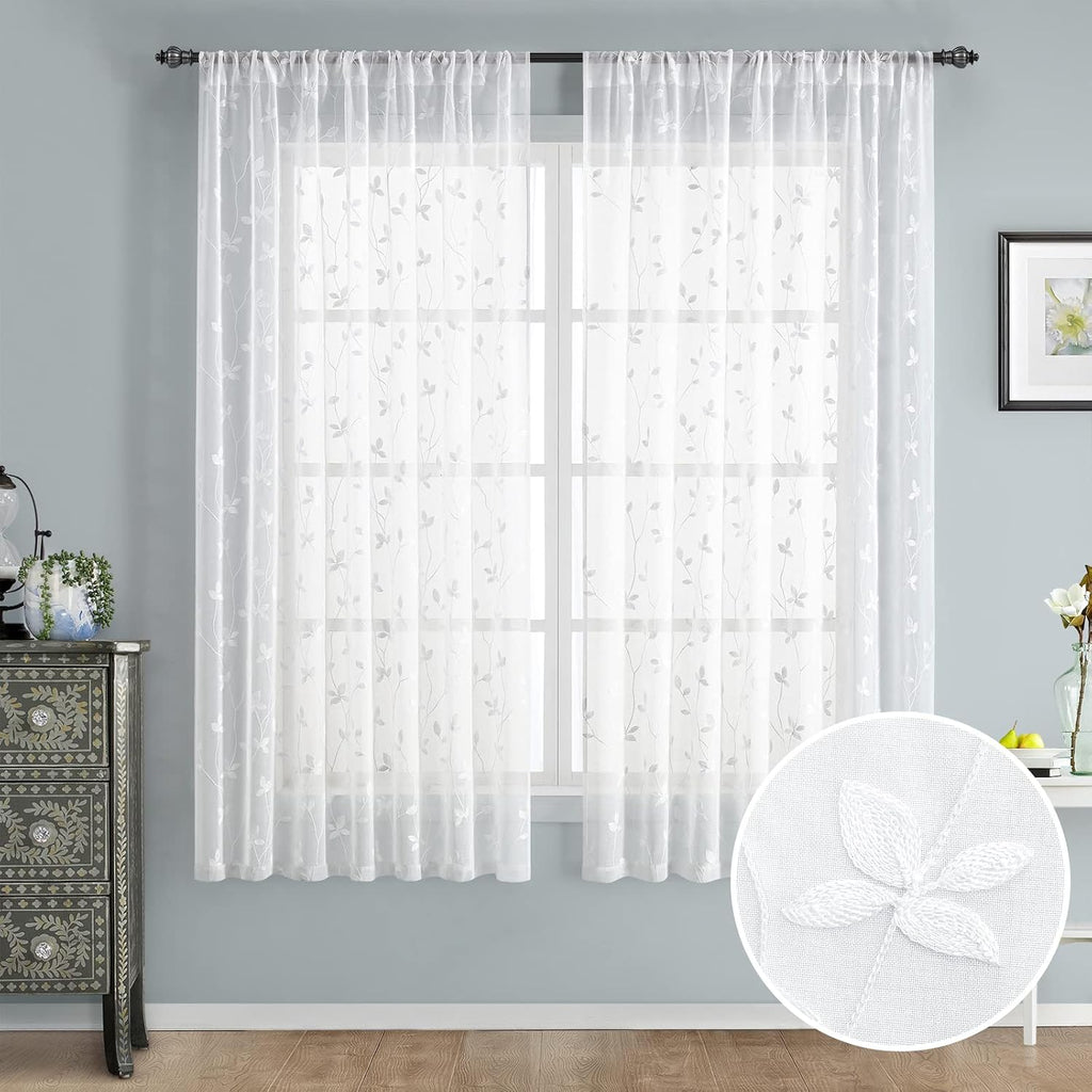 White Sheer Curtains 52 X 63 Inches Length 2 Panels Embroidered Vine Floral Pattern Pocket Faux Linen Semi Sheer Voile Window Drapes for Bedroom Living Room