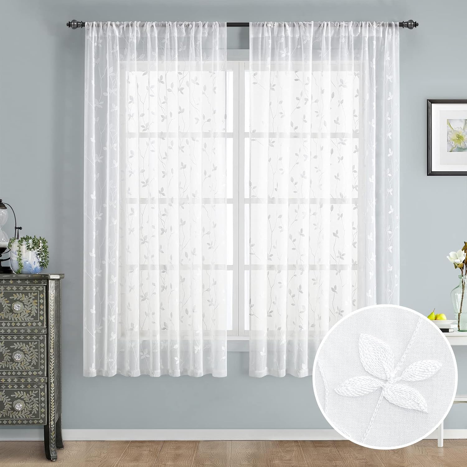 White Sheer Curtains 52 X 63 Inches Length 2 Panels Embroidered Vine Floral Pattern Pocket Faux Linen Semi Sheer Voile Window Drapes for Bedroom Living Room