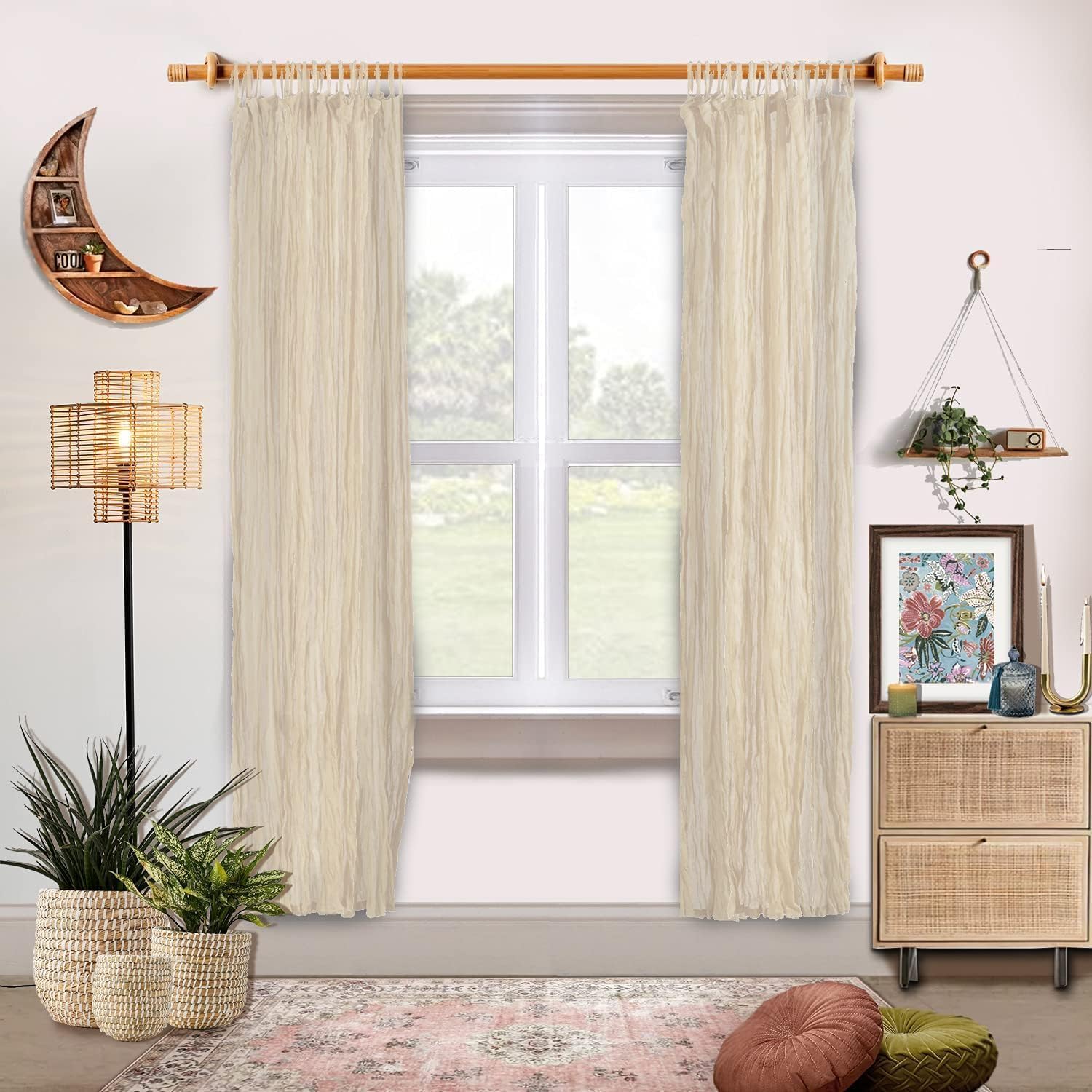 Sheer Crinkle Curtain Panel Set of 2, 100% Washable Cotton Window Treatment Rod Pocket Curtain Panels for Kitchen, Bedroom and Living Room - Off White, Door - 42"x84"