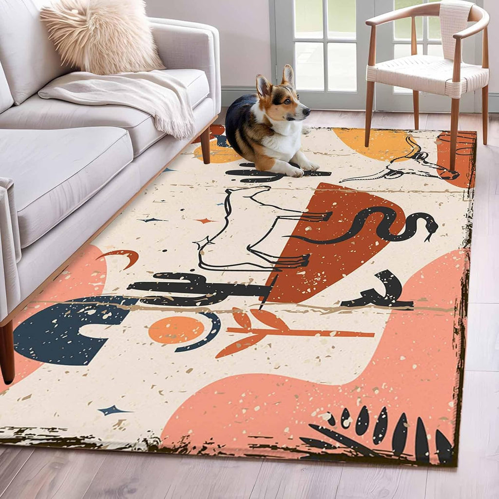 Modern Cowboy Area Rug for Living Room Bedroom, Washable Non Slip Carpet with Horse and Cactus Pattern, 3x5