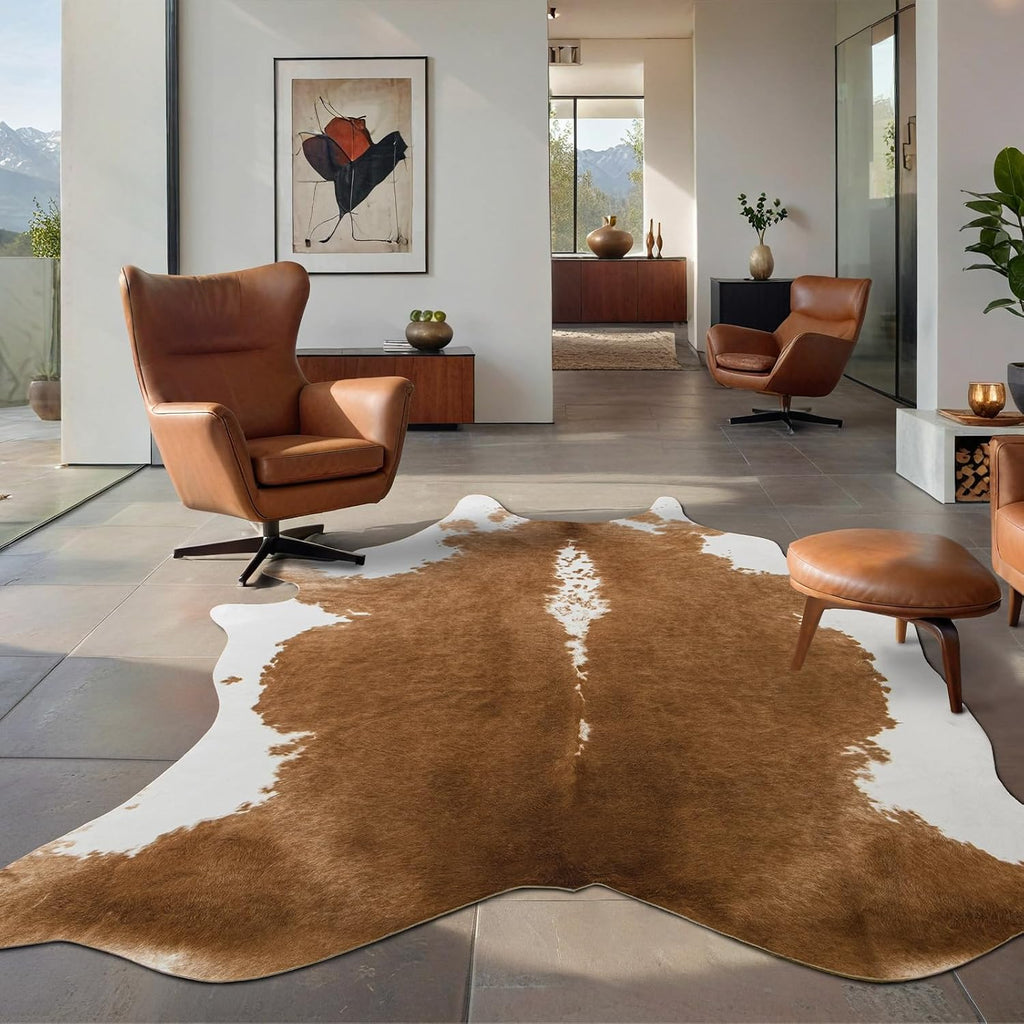 Faux Cowhide Area Rug for Living Room Bedroom, Animal Print Carpet, Non Slip Soft Floor Mat for Home Decor, Khaki Brown