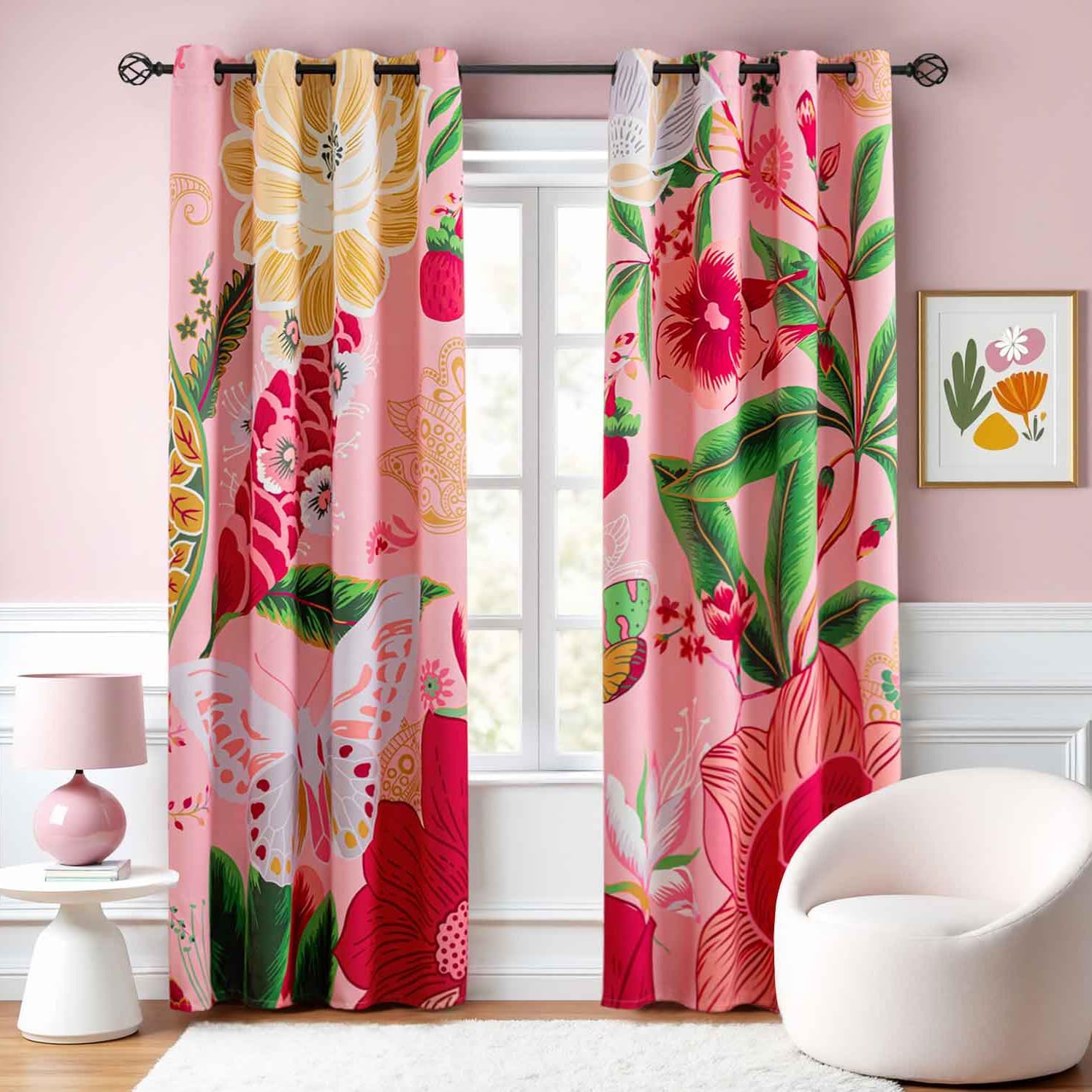 Pink Boho Floral Blackout Curtains for Girls Bedroom 84 inch Long 2 Panels Butterfly Botanical Black Out Curtains for Living Room Grommet Thermal Insulated Room Darkening Window Drapes,52Wx84L