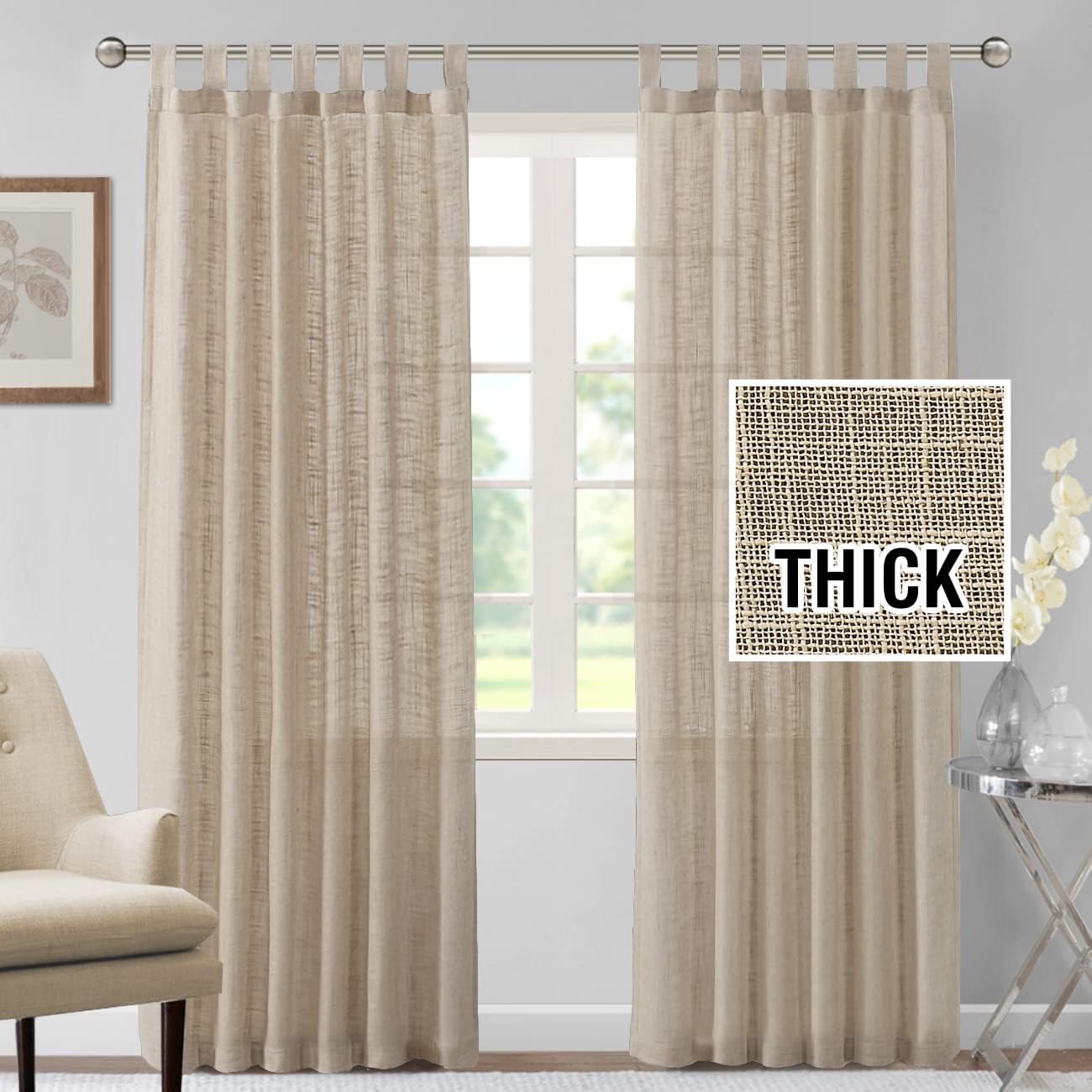Linen Curtains Natural Linen Blended Curtains for Living Room Burlap Linen Textured Curtains Tab Top Curtains Energy Efficient Light Filtering Curtains (Set of 2, 52" x 84", Angora)