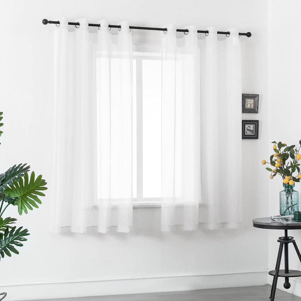 White Short Sheer Curtains 45 Inch Length for Small Windows with Grommet 2 Panels Solid Gauze Voile Drapes Window Semi Sheer Curtains for Bedroom Bathroom Kids Room Kitchen 52x45 Iches