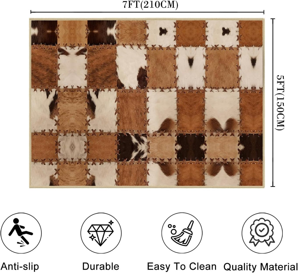 Cow Print Area Rug 5x7 for Living Room Bedroom, Washable Non Slip Thin Carpet for Dining Room Playroom, Brown