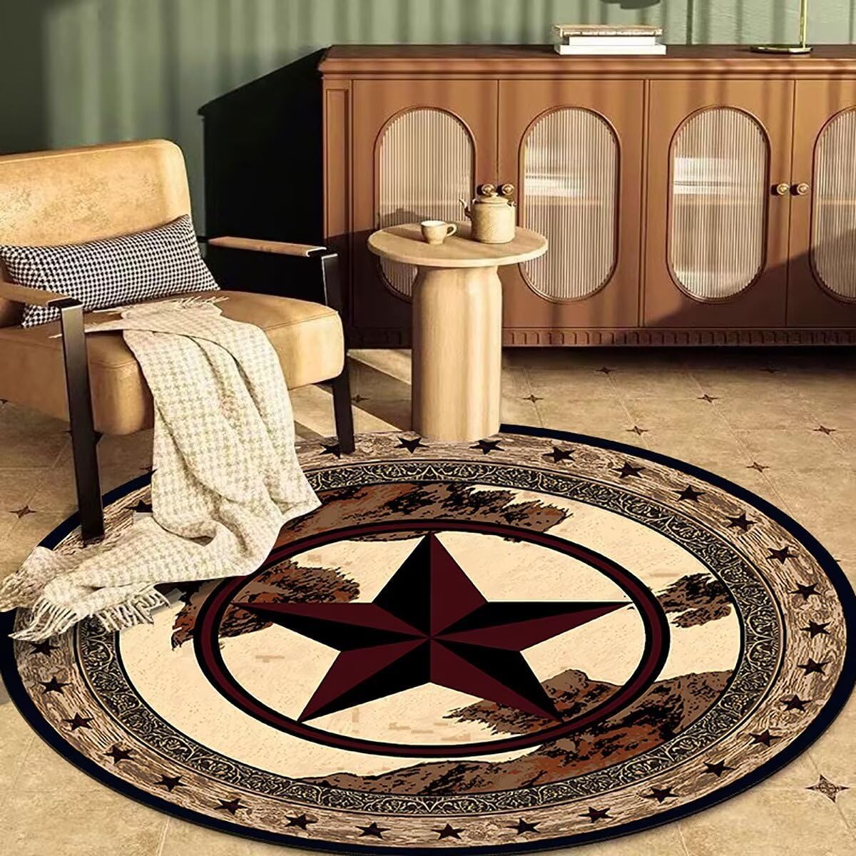 Round Decorative Area Rug 3Ft for Bedroom Study Room, Low Pile Modern Floor Carpet with Star Design