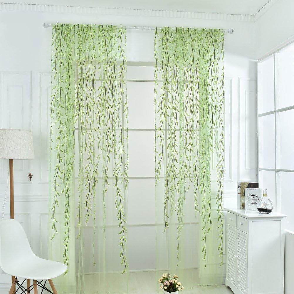 2 Pieces Willow Window Curtain Voile Tulle Room Salix Leaf Sheer Gauze Panel Drapes Green Color for Living Room, Bedroom, Balcony
