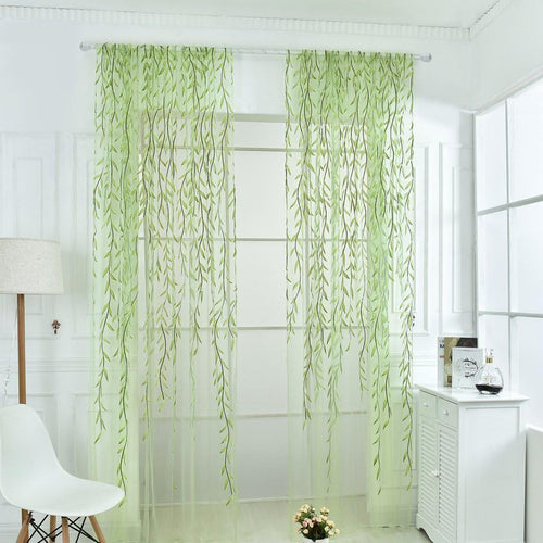 2 Pieces Willow Window Curtain Voile Tulle Room Salix Leaf Sheer Gauze Panel Drapes Green Color for Living Room, Bedroom, Balcony