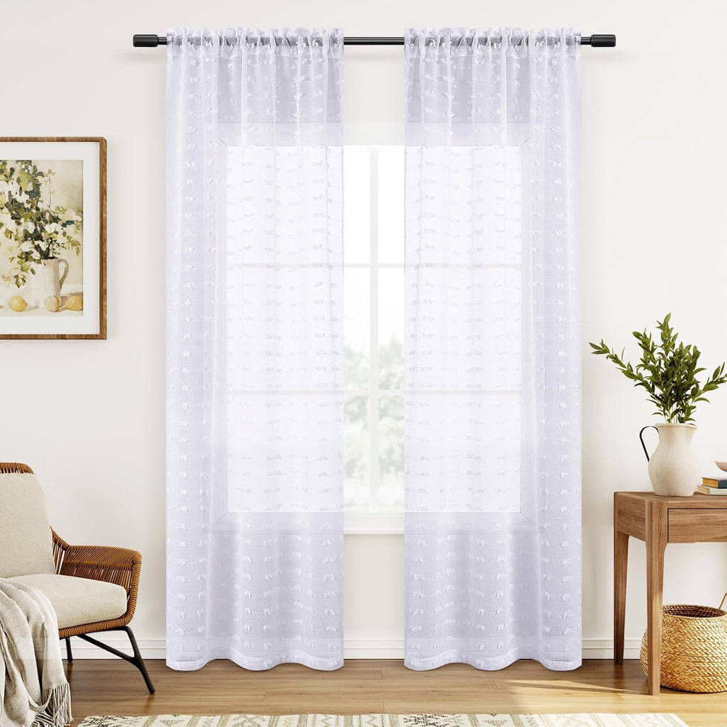 Sheer Curtains 84 Inch Length 2 Panels Sets for Living Room Bedroom 38 Inch Width Farmhouse Boho Drapes Light Filtering Pom Pom Curtains Tufted Semi Sheer Kids Rod Pocket,White,W38xL84