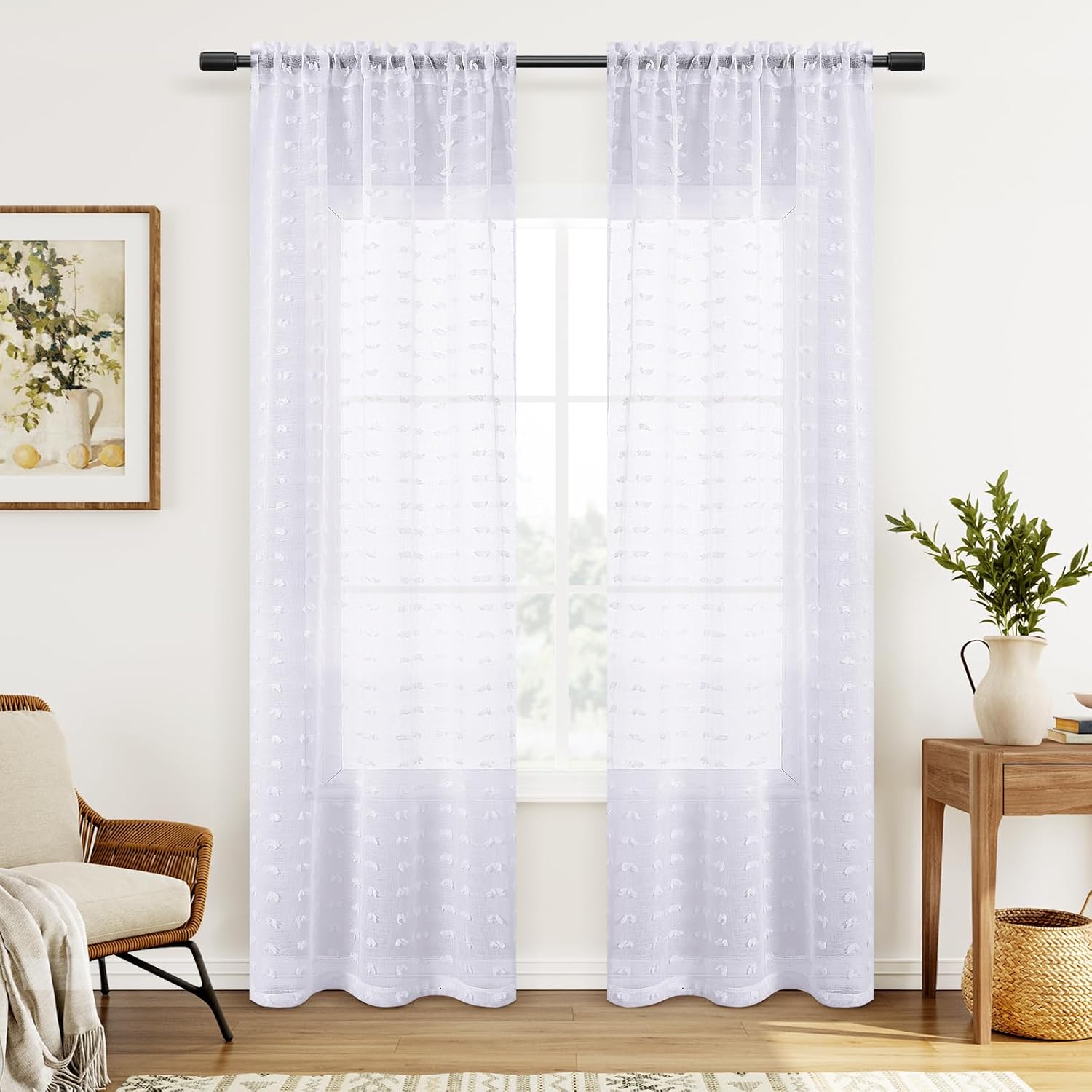 Sheer Curtains 84 Inch Length 2 Panels Sets for Living Room Bedroom 38 Inch Width Farmhouse Boho Drapes Light Filtering Pom Pom Curtains Tufted Semi Sheer Kids Rod Pocket,White,W38xL84