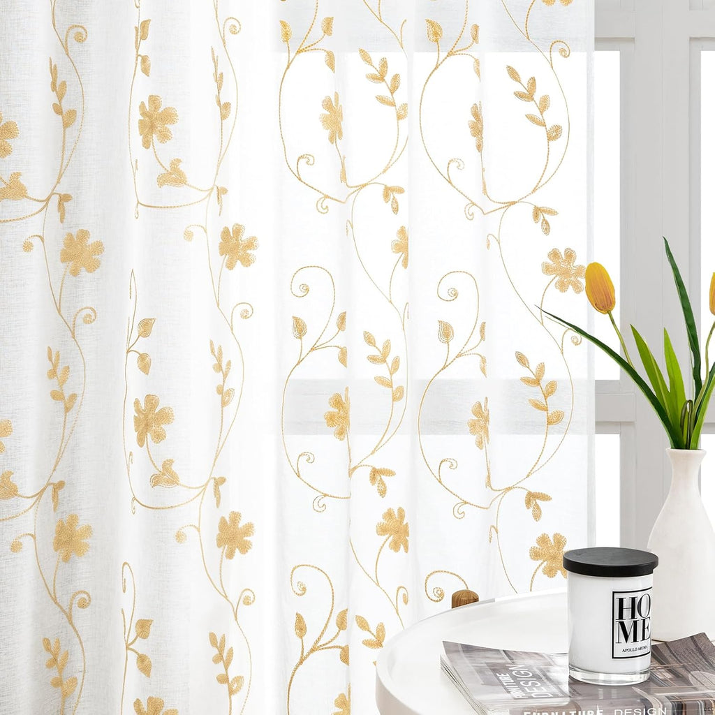 Yellow Sheer Curtains 63 Inch Length 2 Panels Yellow and White Embroidered Floral Pattern Semi Sheer Window Curtains for Bedroom Living Room