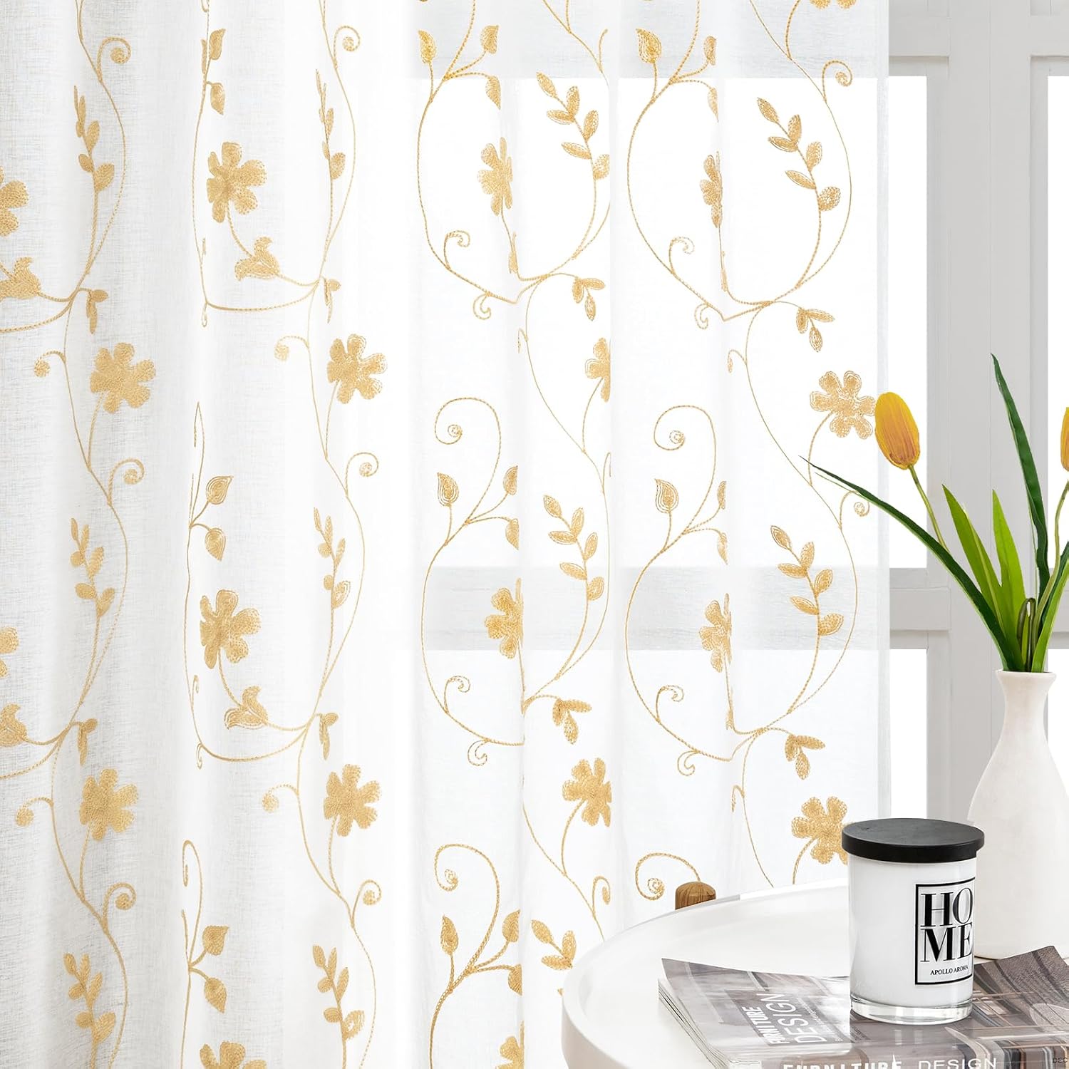 Yellow Sheer Curtains 63 Inch Length 2 Panels Yellow and White Embroidered Floral Pattern Semi Sheer Window Curtains for Bedroom Living Room