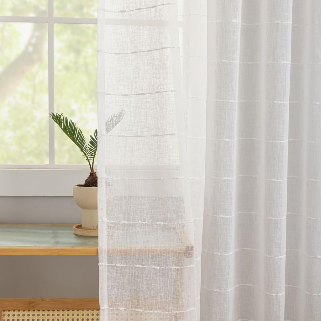 White Boho Curtains 63 Inch Length for Living Room 2 Panels Thick linen Stripe Textured Gauze Curtains Shabby Chic Bathroom Window Curtains Rod Pocket Privacy Curtains That Let Light in 52"W x 63"L