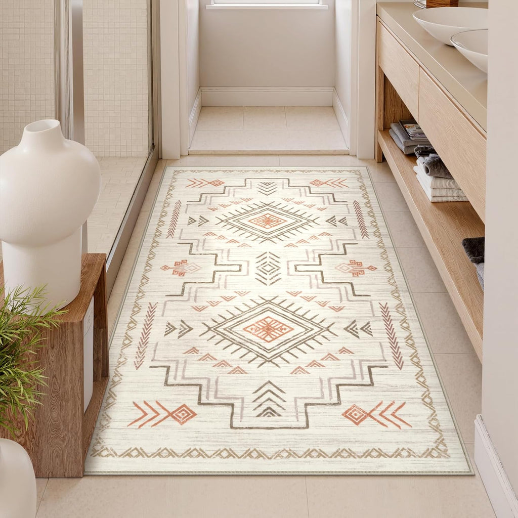 Washable 3x5 Area Rug for Entryway Bedroom Kitchen, Non Slip Low Pile Beige Pattern Carpet Indoor Floor Mat