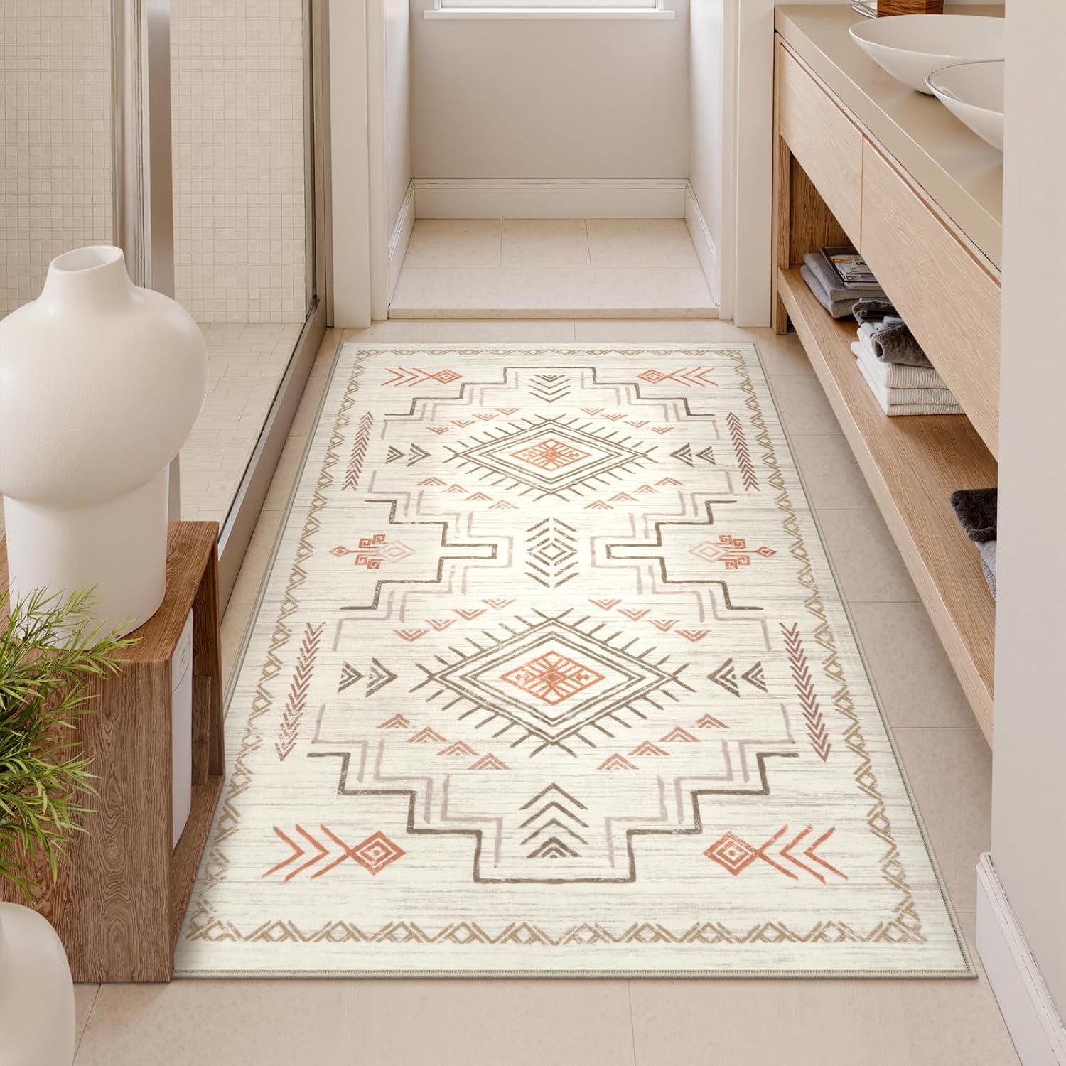 Washable 3x5 Area Rug for Entryway Bedroom Kitchen, Non Slip Low Pile Beige Pattern Carpet Indoor Floor Mat