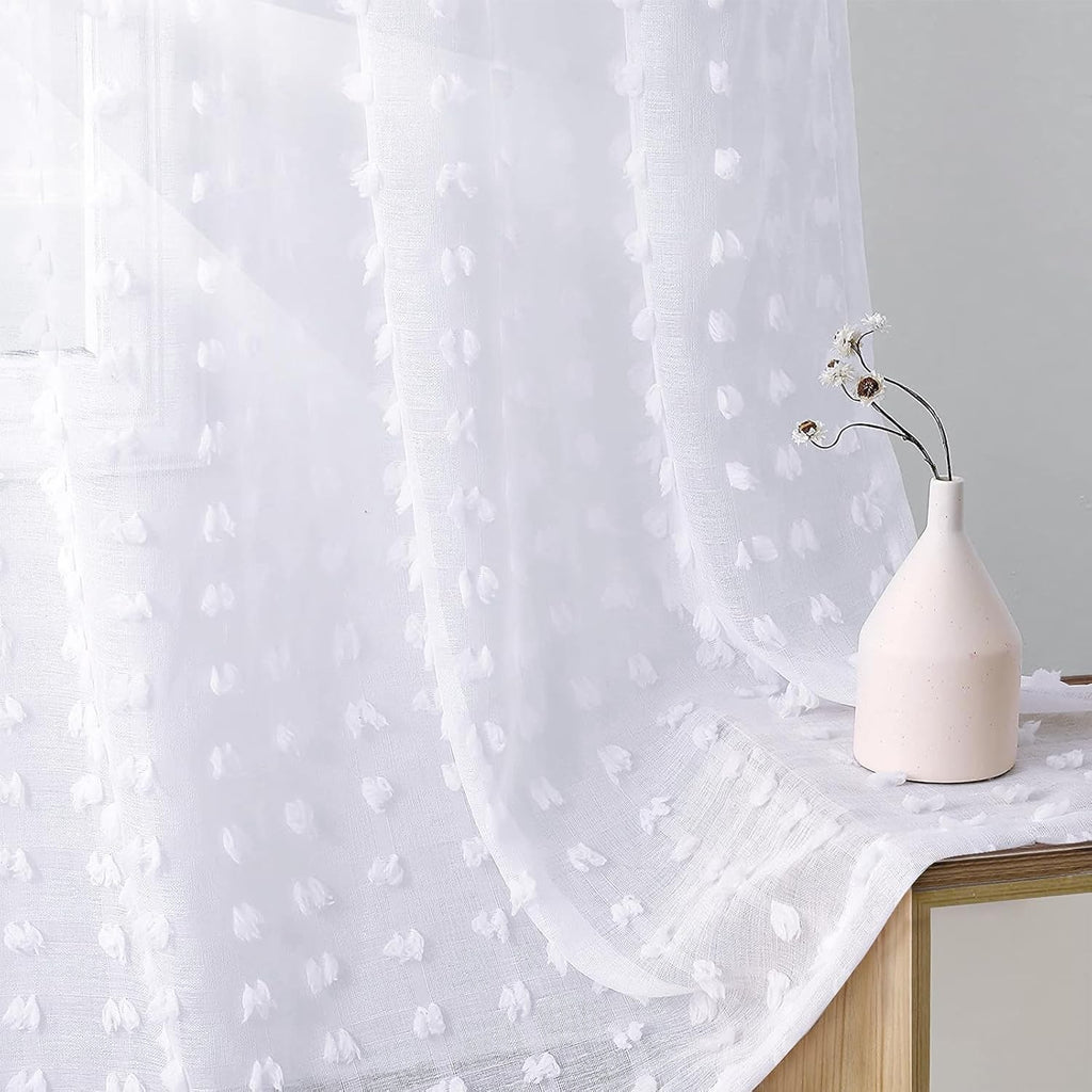 Sheer Curtains 84 Inch Length 2 Panels Sets for Living Room Bedroom 38 Inch Width Farmhouse Boho Drapes Light Filtering Pom Pom Curtains Tufted Semi Sheer Kids Rod Pocket,White,W38xL84