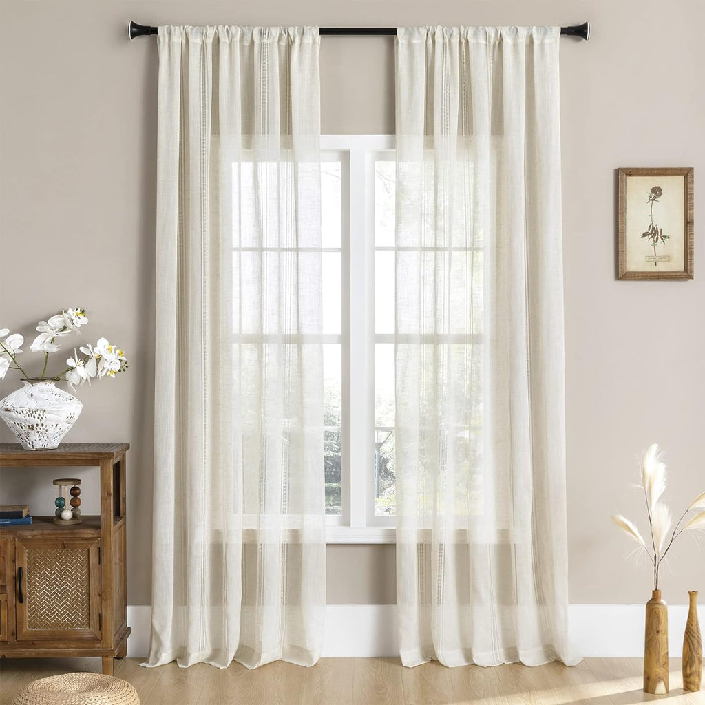 Linen Sheer Curtain 84 inches Length, Rod Pocket Semi Sheer Privacy Light Filtering Window Treamtment for Bedroom/Living Room, 2 Panels,52" Width,Natural