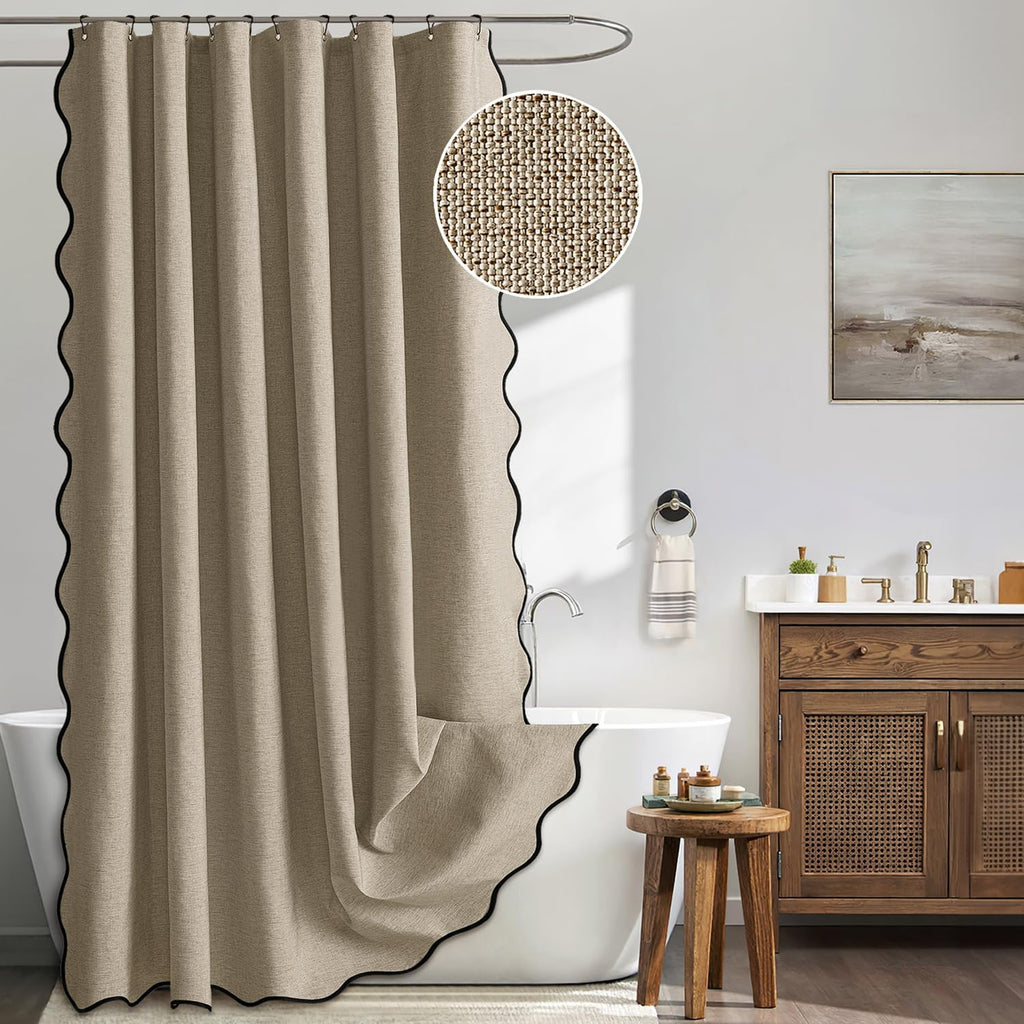 Scalloped Shower Curtain Linen Textured with 12 Metal Hooks Cute Heavy Duty Washable Waterproof Thick Cloth Shower Curtains with Black Border for Bathroom Hotel Bathtub,W72*L72