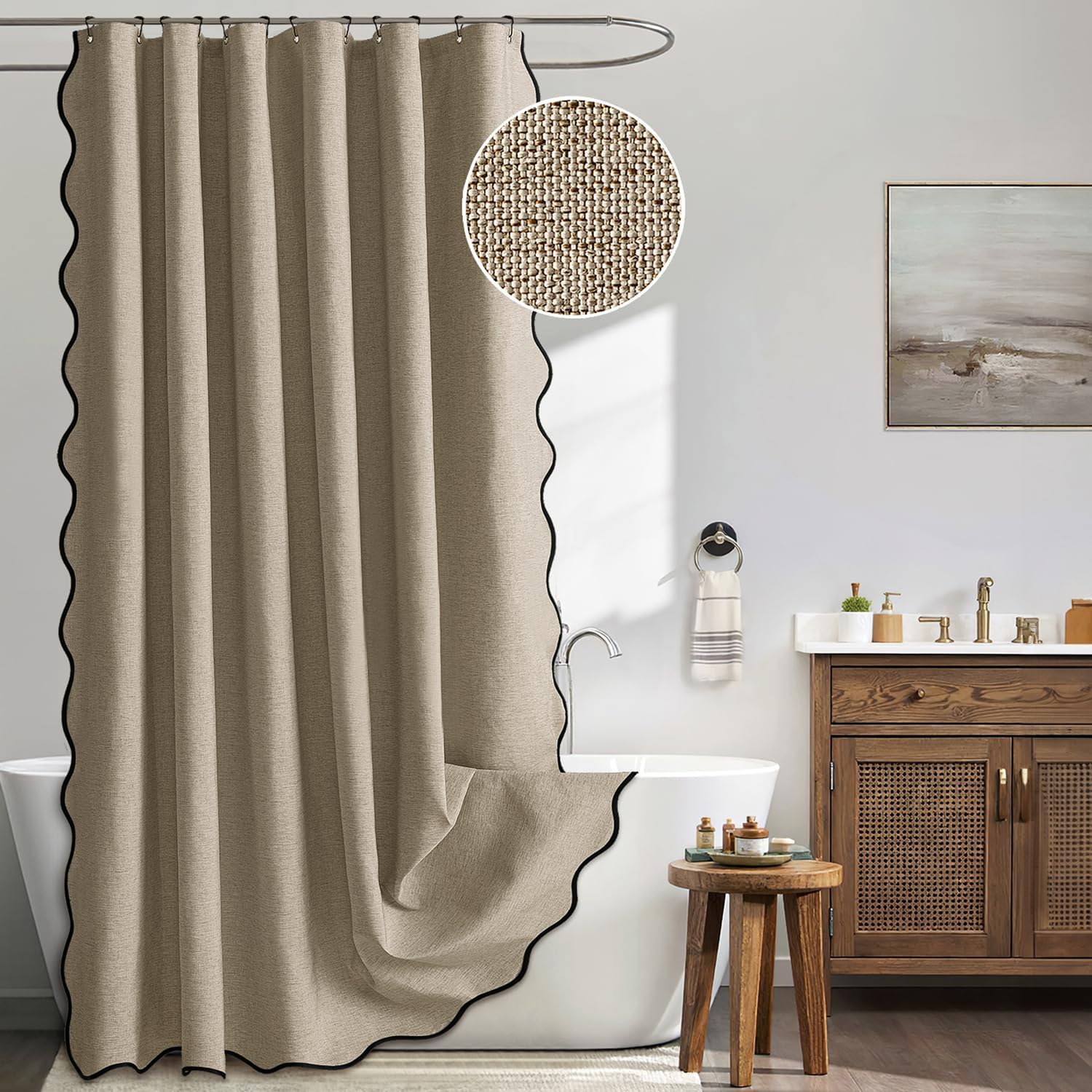 Scalloped Shower Curtain Linen Textured with 12 Metal Hooks Cute Heavy Duty Washable Waterproof Thick Cloth Shower Curtains with Black Border for Bathroom Hotel Bathtub,W72*L72