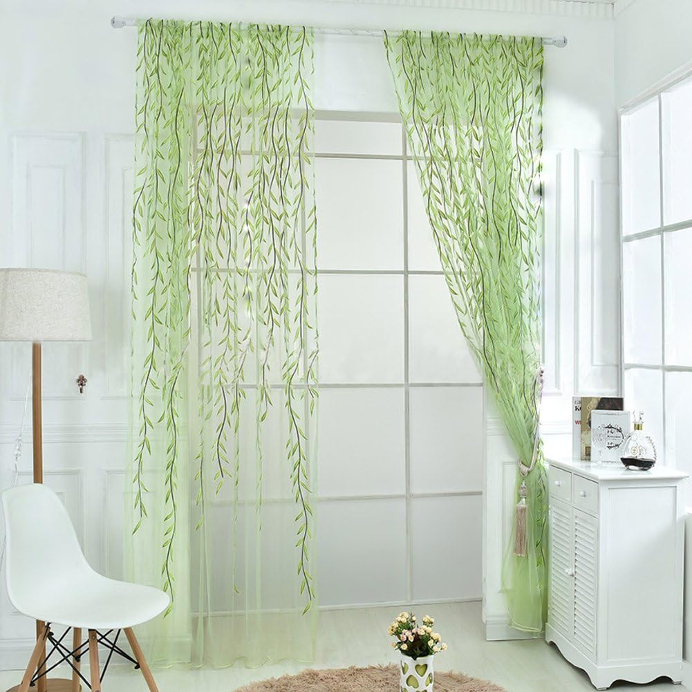 2 Pieces Willow Window Curtain Voile Tulle Room Salix Leaf Sheer Gauze Panel Drapes Green Color for Living Room, Bedroom, Balcony