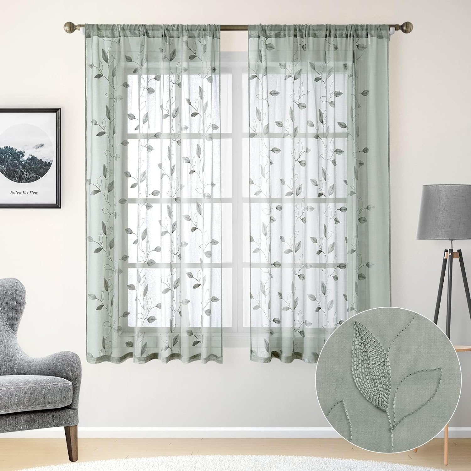 Sage Green Sheer Curtains 52 X 63 Inches Length 2 Panels Embroidered Leaf Pattern Pocket Faux Linen Floral Semi Sheer Voile Window Curtains/Drapes for Bedroom Living Room