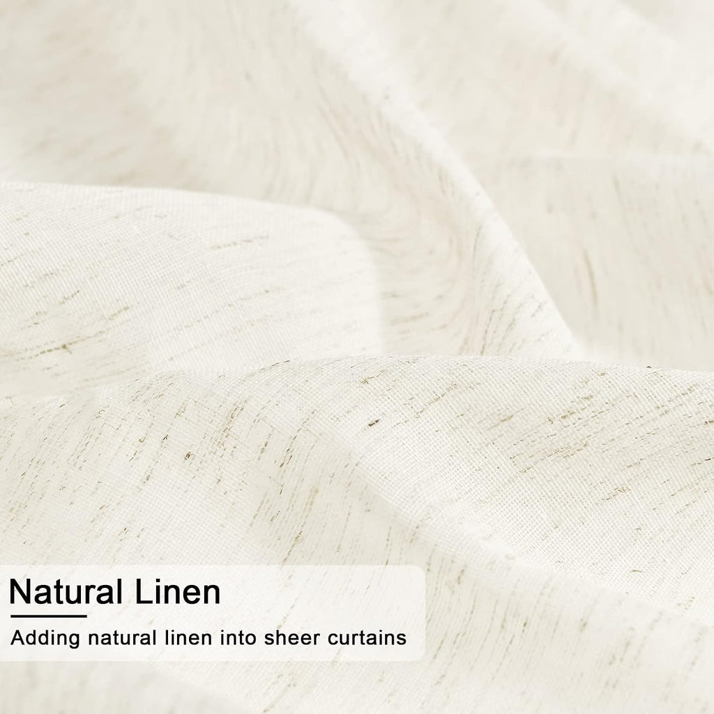 Linen Sheer Curtains 84 inch Length 2 Panels Set with Tiebacks, Rod Pocket Privacy Light Filtering Textured Semi Sheer Drapes for Living Room/Bedroom，W 52 x L 84, Natural