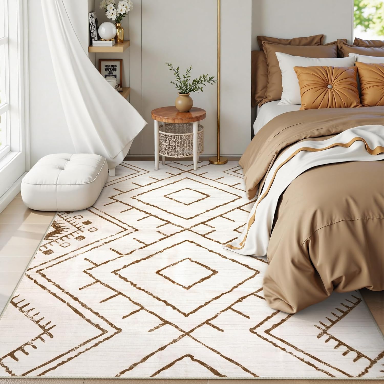 Beige 5x7 Area Rug for Living Room Bedroom, Soft Low Pile Geometric Carpet, Non Slip Washable Indoor Floor Rug