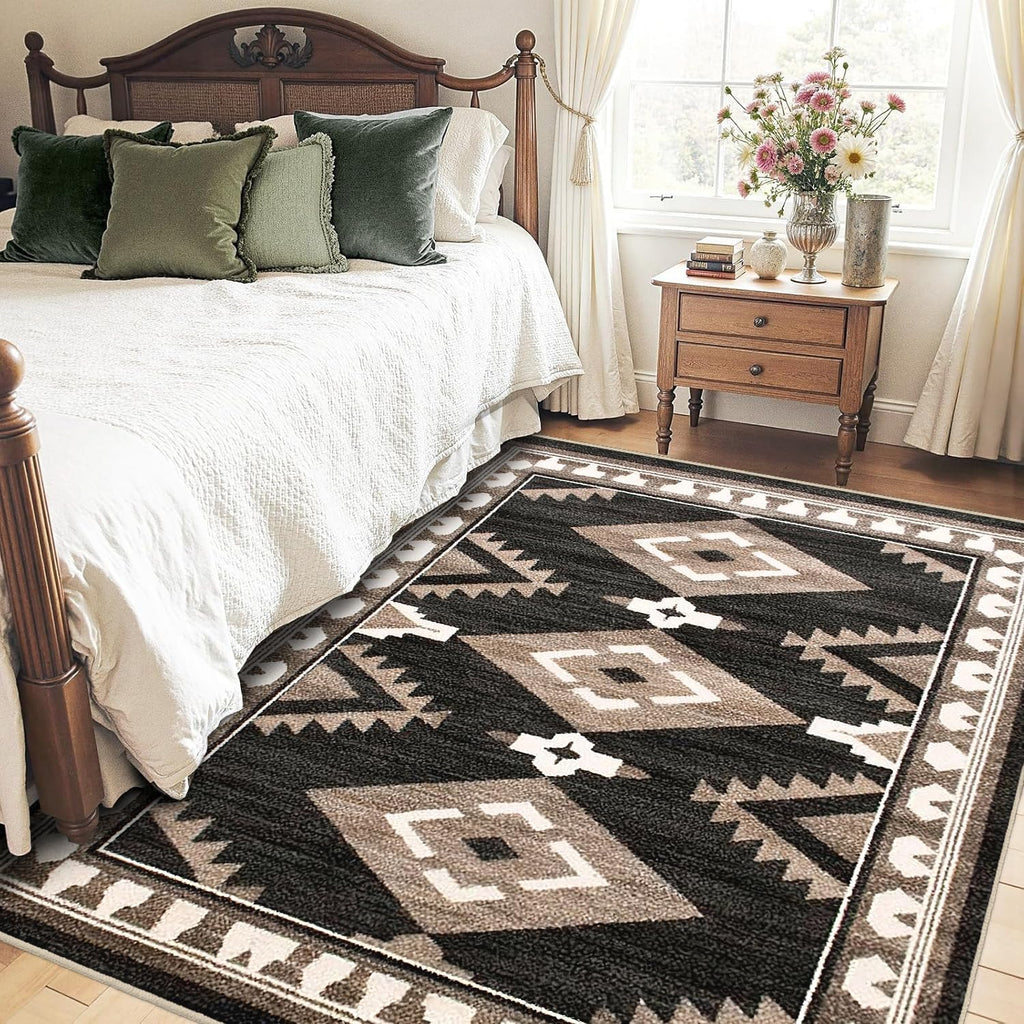 Washable Geometric Area Rug for Living Room Dining Room Bedroom, Non Slip Indoor Carpet with Abstract Pattern, Black White Brown
