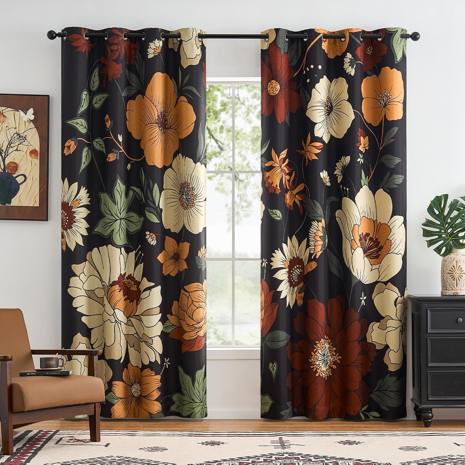 Vintage Floral Curtains for Bedroom Blackout Drapes for Living Room Darkening Linen Textured Flower Patterned Curtains Printed Drapes 84 Inches Length 2 Panels Set with Grommet