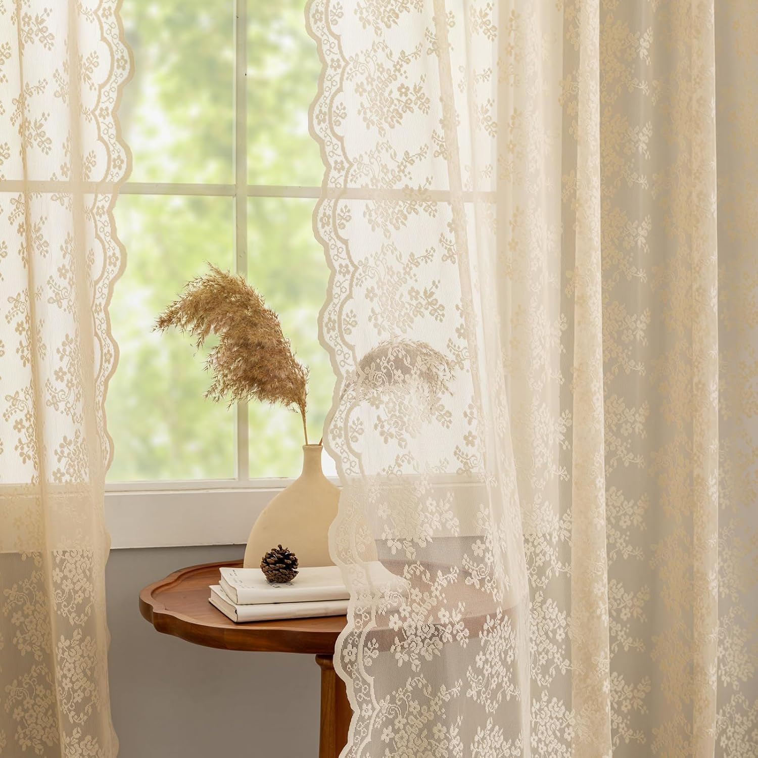 Beige Lace Curtains 72 inch Length Victorian Flower Voile Sheer Curtains Privacy Net Curtains for Dining Room Bathroom Bay Window Farmhouse Vintage Boho French Country Room Decor 52x72