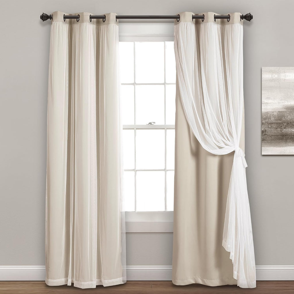 Sheer Grommet Curtains With Insulated Blackout Lining, Window Curtain Panels, Pair, 38"W x 84"L, Wheat - Curtain With Sheer Overlay, Elegant Blackout Curtains for Bedroom