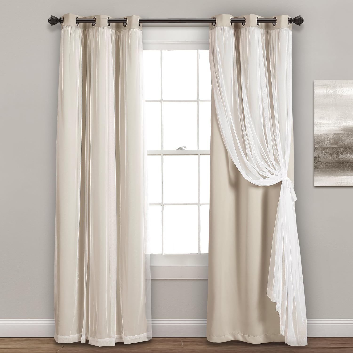 Sheer Grommet Curtains With Insulated Blackout Lining, Window Curtain Panels, Pair, 38"W x 84"L, Wheat - Curtain With Sheer Overlay, Elegant Blackout Curtains for Bedroom