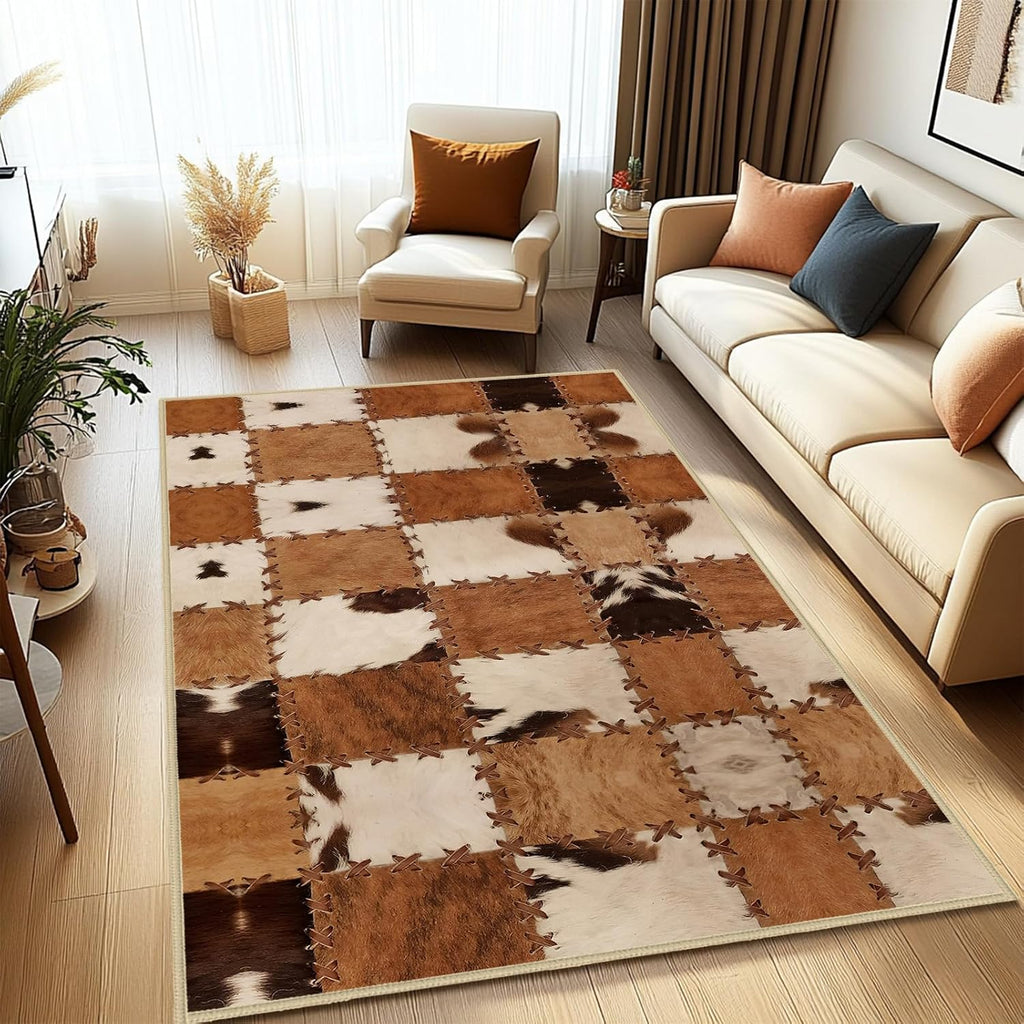 Cow Print Area Rug 5x7 for Living Room Bedroom, Washable Non Slip Thin Carpet for Dining Room Playroom, Brown