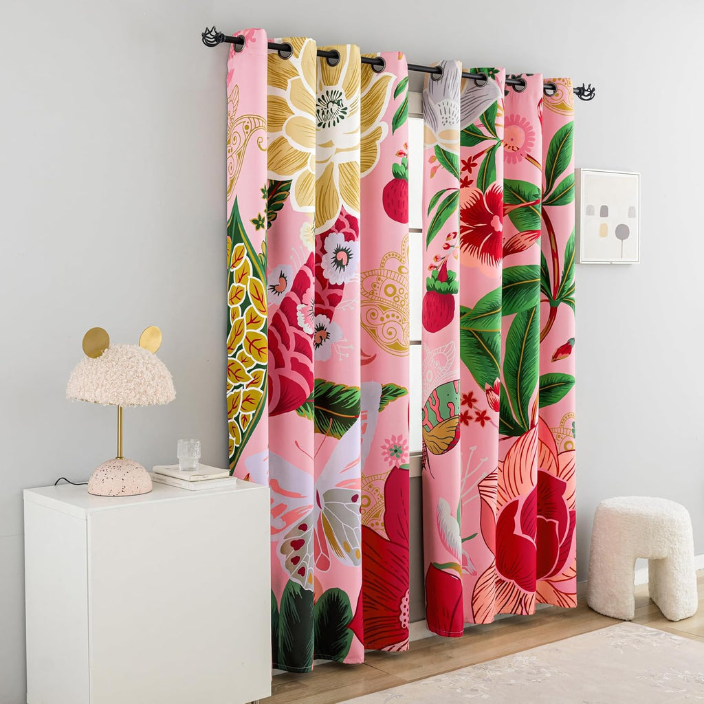 Pink Boho Floral Blackout Curtains for Girls Bedroom 84 inch Long 2 Panels Butterfly Botanical Black Out Curtains for Living Room Grommet Thermal Insulated Room Darkening Window Drapes,52Wx84L