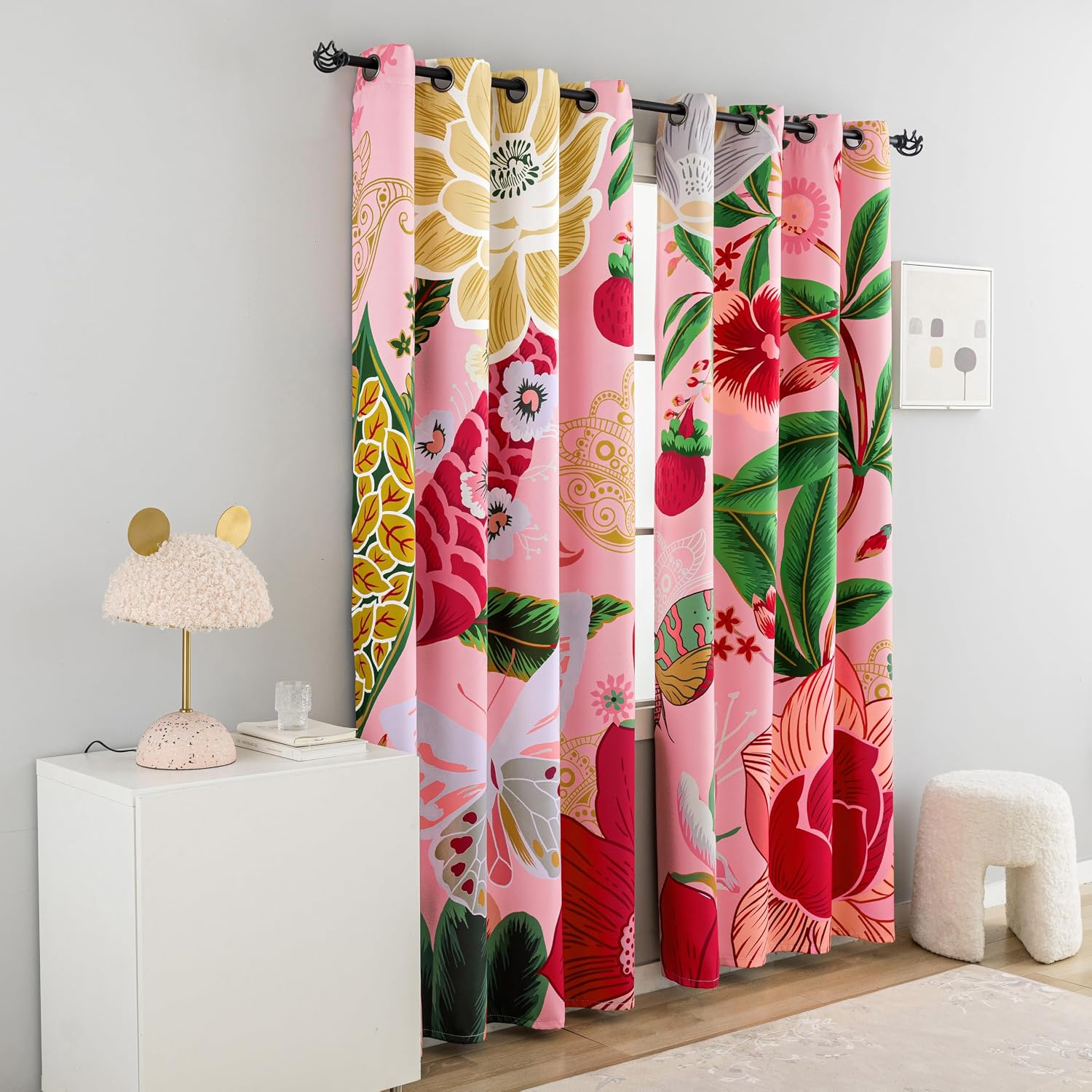 Pink Boho Floral Blackout Curtains for Girls Bedroom 84 inch Long 2 Panels Butterfly Botanical Black Out Curtains for Living Room Grommet Thermal Insulated Room Darkening Window Drapes,52Wx84L